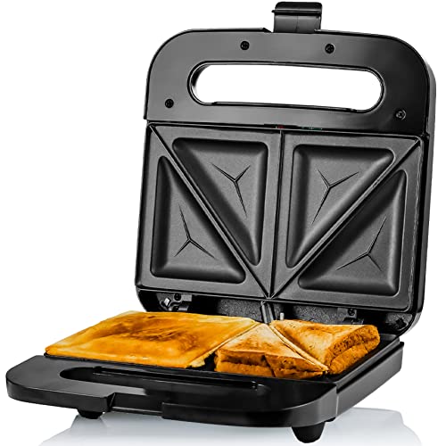 Ovente Electric Indoor Sandwich Grill Maker with Non-Stick Cast Iron Grilling Plates, 750W Countertop Bread Toaster Easy Storage & Clean Perfect for Breakfast Grilled Cheese Egg & Steak, Black GPS401B